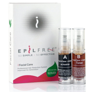 A box labelled Epilfree Facial Care next to two small bottles labelled, 'A" Facial Care Activator and "B" Facial Care Toner