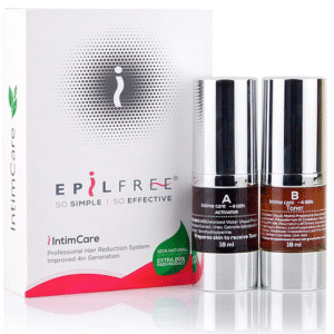 Epilfree Intim Care Pro Kit shown next to its box. The Activator labelled A is next to the toner labelled B